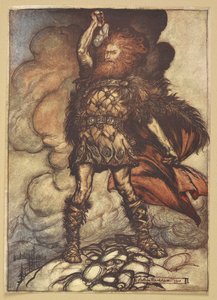 Thor çekicini kaldırıyor. by Arthur Rackham