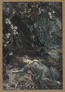 Titania uyuyor". Bir Yaz Gecesi Rüyası'ndan bir sahne. by Arthur Rackham