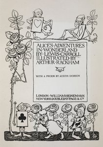 Gül fidanı, Beyaz Tavşan ve kart gibi giyinmiş adamların olduğu başlık sayfası by Arthur Rackham