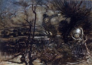 İki karakter bataklıkta boğulmayı başaramaz, Puck onlara ateşle yardım eder. William SHAKESPEARE