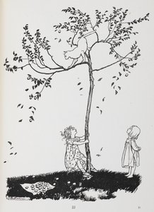 İki çocuk bir kediyi ağaçtan indirmeye çalışır. by Arthur Rackham
