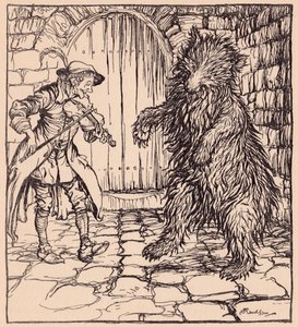 Ayı müziği duyunca kendini tutamayıp dans etmeye başlamış. Grimm's Fairy Tale, The Cunning Little Tailor'dan Arthur Rackham'ın çizimi. by Arthur Rackham