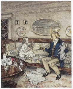 "Çiçeklerim bugün neden bu kadar solmuş görünüyor?" Genç bir kız olan Ida'yı elinde makas tutan genç bir öğrenciyle kanepede oturan renkli illüstrasyon. by Arthur Rackham