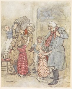 Küçük çocuklar, Noel hediyeleri taşıyan bir eve girerken iki yaşlı adama paltolarını giydirirken yardım ediyor. by Arthur Rackham