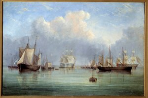 Deniz Gemileri ve yelkenli tekneler demirledi. Arthur Wellington Fowles (1815-1883) tarafından yapılan resim 19. yüzyıl Orleans Güzel Sanatlar Müzesi