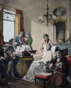 Wolfgang Amadeus Mozart (1756-1791) ölürken, yeni bitirdiği Requiem için bir grup müzisyeni yönetiyor (Mozart (1756-1791) in his last days conducting a group of musicians for the Requiem) by Artist Unknown
