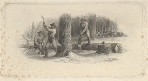 Karlı bir ormanda ağaç kesen oduncuları gösteren banknot skeç, ca. 1824-37.