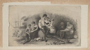 Hayatın evrelerini temsil eden farklı yaşlardaki figürlerle banknot skeç, ..., ca. 1824-37.