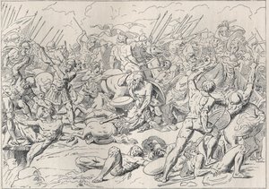 Mora Savaşı: Yunan filozofu Socrates'in Alcibiade'de hayatını kurtardığı Potidee Savaşı (La battaglia di Potidea). (Gravür d'apres cartens), L. Tarsot 1893'ün "" Les ecoliers a travers les age"" eserinde. by Asmus Jacob (after) Carstens