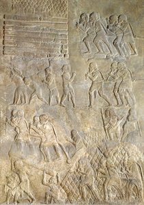Deniz yoluyla ulaşım için kıyıya odun getiren hamalları gösteren kabartma. Sargon II Sarayı, Horsabad, Irak
