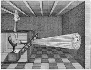 Bir camera obscura (Sihirli Fener), cehennemde yanan bir adamın görüntüsünü yansıtır - (Sihirli fener. Peder Kircher