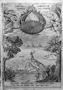 Taranto Archytas (MÖ 435-347) tahta bir güvercin uçar. Athanasius Kircher (1601-1680), Jesuite, oryantalist ve bilgin tarafından “Mundus Subterraneus”tan gravür. by Athanasius Kircher