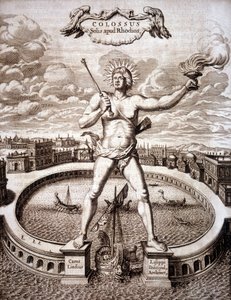 Limanın girişinde Rodos Heykeli (Helios heykeli). - Athanasius Kircher (1601-1680), Alman oryantalist ve bilim adamı tarafından “Turris Babel”de