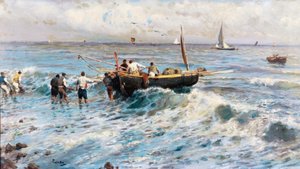 Balıkçılar ile deniz manzarası by Attilio Pratella