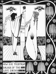 Arthur Efsanesi: “” Tristan aşk philtre içiyor””” “Tristan'ın hikayesi ve Isolde ile olan aşk hikayesini içeren maceraları”””””” Sir Thomas Malory'den, Aubrey Beardsley tarafından resimlenen baskı (1872-1898) ) 1893-1894 (Arthur by Aubrey Beardsley