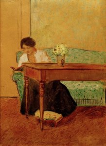 Elisabeth yeşil kanepede kitap okuyor by August Macke