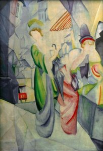 Şapka dükkanının önünde parlak kadınlar by August Macke