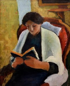 Kırmızı koltukta okuyan kadın by August Macke