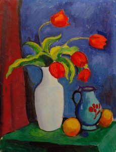 Beyaz bir vazoda kırmızı laleler by August Macke