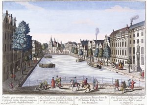 Vue of Kleveniers Canal, Amsterdam, c.1740-1770 (el boyaması gravür) by August Vindel