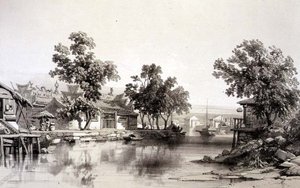 Honan Tapınağı ve Kanalı, Eugene Ciceri (1813-90) 1842 (renkli taş) tarafından oyulmuş 