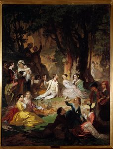 Champetre Tadımı Burjuva toplumunda piknik sahnesi. Barthelemy Glaizes (1807-1893) 1850 Montpellier tarafından tablo, Fabre Müzesi