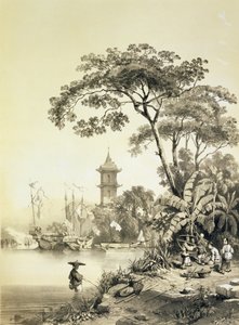 Makao-Kanton Kanalı üzerinde bir Pagoda, Eugene Ciceri (1813-90) 1842 (renkli lito) tarafından oyulmuş 