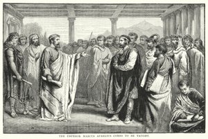 İmparator Marcus Aurelius öğretilmeye geliyor (gravür) by Auguste Francois (after) Laby