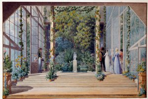 Auguste Garneray (1785-1824) 1823 Sun tarafından Malmaison Aquarelle kalesinin sıcak serasına bir ziyaret. 0,16x0,24 m Malmaison, musee du şato