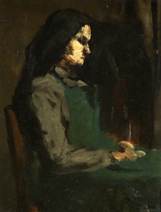 Yeşil Önlüklü Kadın (karton üzerine yağlı boya) by Auguste Theodule Ribot