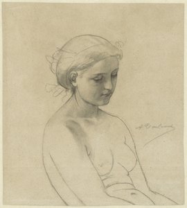 Oturan çıplak kadın, dörtte üçü sağa, yarım uzunlukta by Auguste Toulmouche