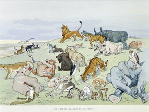 Veba hastası hayvanlar - “” Les Fables de la Fontaine” de, hasta. Auguste Vimar (1851-1916), Tours, A, Mame & Son'da