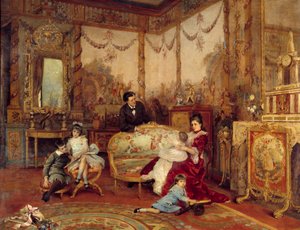 Viktorya dönemi Sardou (1831 - 1908), oyun yazarı ve çocukları. Şöminenin önünde şömineli bir oturma odasının içinden görünüm. Auguste La Brely