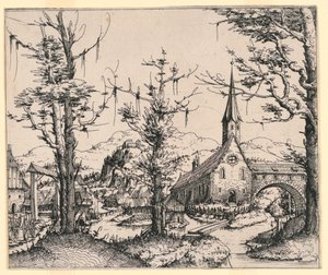 Kapalı Bir Köprü Tarafından Yayılan Bir Derenin Yanındaki Kilise by Augustin Hirschvogel