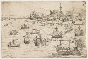 Yelkenli Gemilerle Gölde Yunus ve Balina, 1546 by Augustin Hirschvogel