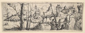 Kale ve Nehir Üzerinde Bir Kilise ile Manzara, 1545. by Augustin Hirschvogel