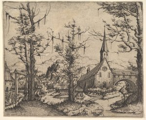 Sağda Dört Ağaçlı ve Kiliseli Manzara, 1545 . by Augustin Hirschvogel