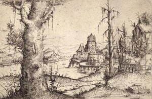 S.9-1993 Kalın bir ağaç ile nehir manzarası by Augustin Hirschvogel