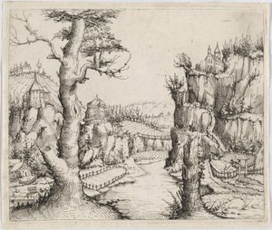 Yüksek Uçurumlu Nehir Manzarası, 1546. by Augustin Hirschvogel