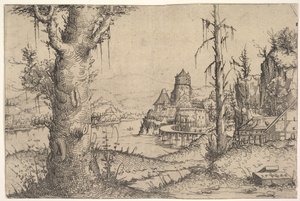 Solda Büyük Ağaçlı Nehir Manzarası, 1546. by Augustin Hirschvogel