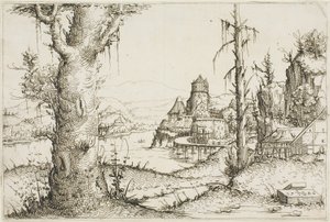 Ön Planda Büyük Ağaçlı Nehir Manzarası by Augustin Hirschvogel