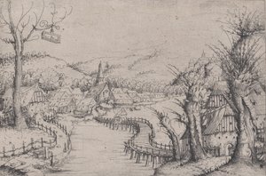 Sağda Üç Çıplak Söğüt Ağacı ve Uzun Sarma Ahşap Köprü ile Nehir Manzarası ..., 1546. by Augustin Hirschvogel