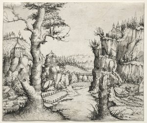Sağdaki ana soldaki kayalarla Nehir Manzarası, 1546. by Augustin Hirschvogel