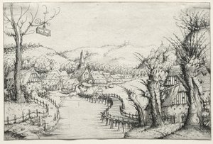 Sağda üç çıplak söğüt ağacı ve merkezde bir köye giden uzun bir dolambaçlı ahşap köprü ile Nehir Manzarası by Augustin Hirschvogel