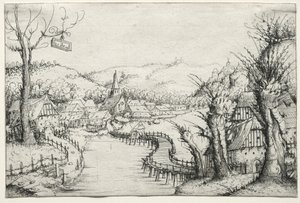Sağda üç çıplak söğüt ağacı ve uzun, dolambaçlı bir ahşap köprü ile Nehir Manzarası..., 1546. by Augustin Hirschvogel