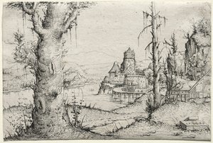 Soldaki büyük ağaçlı nehir manzarası by Augustin Hirschvogel