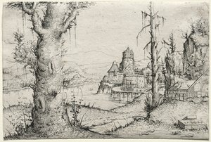 Soldaki büyük ağaçlı nehir manzarası, 1546. by Augustin Hirschvogel