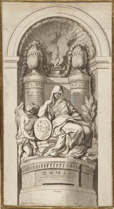 Cenaze Anıtı Çalışması, 1750 (siyah tebeşir, tükenmez kalem ve kahverengi mürekkep, kahverengi ve gri yıkamalar, birleştirilmiş iki yaprak üzerinde beyaz yükselme) by Augustin Pajou
