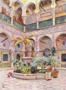 Bibliotheque Nationale Avlusu, Cezayir (renkli taşbaskı) by Augustine Fitzgerald