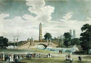 Köprü ve Pagoda, St. James Parkı, Büyük Jübile için Dikilmiş, Barış Kutlamasında, J. R. Hamble tarafından kazınmış görünümü by Augustus Charles (after) Pugin